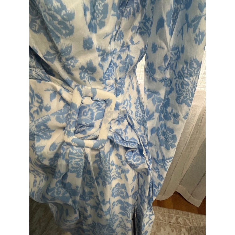 Lulus Blue White Floral Long Sleeve Wrap Mini Dress Cotton Buckle Detail NWT L - Picture 9 of 10